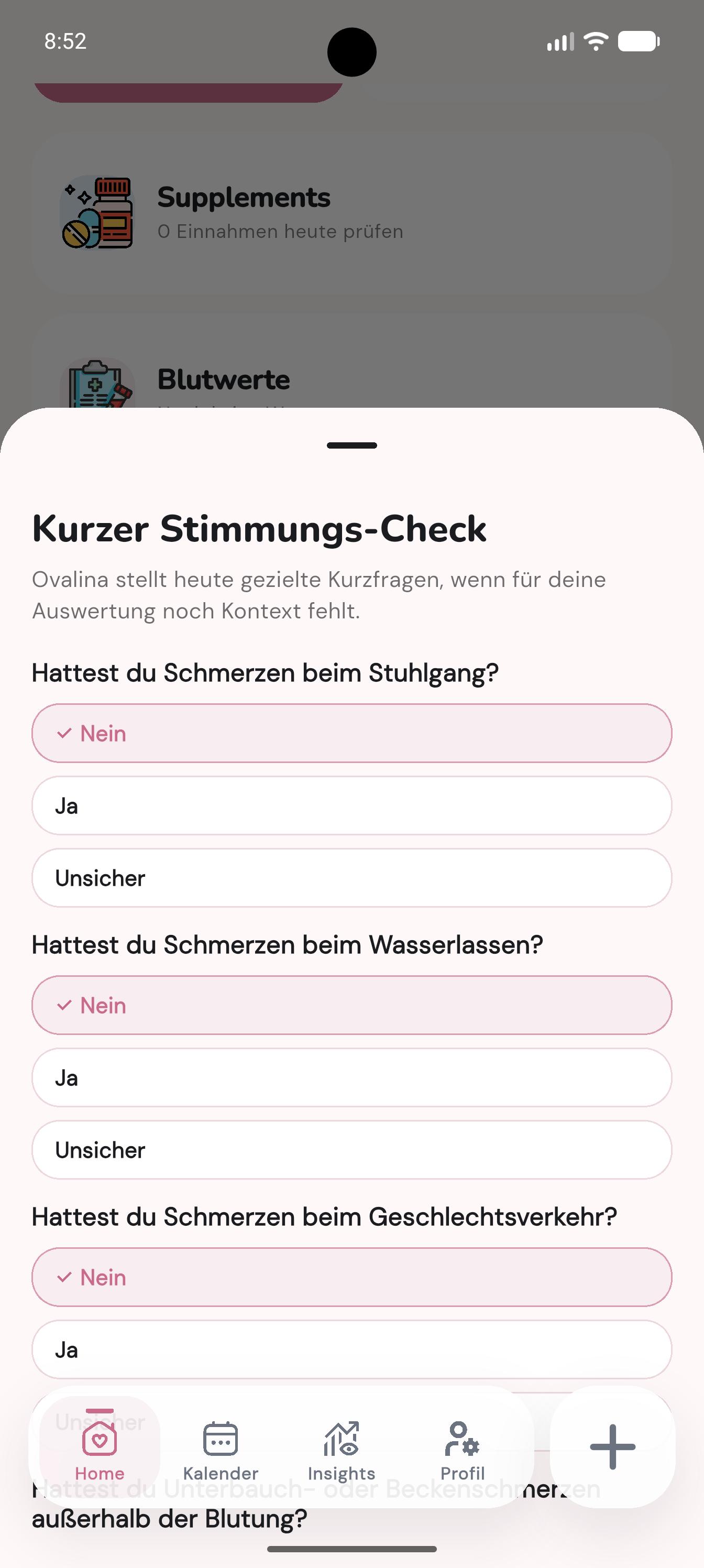 Ovalina Stimmungscheck-Screen mit ruhiger Verlaufserfassung